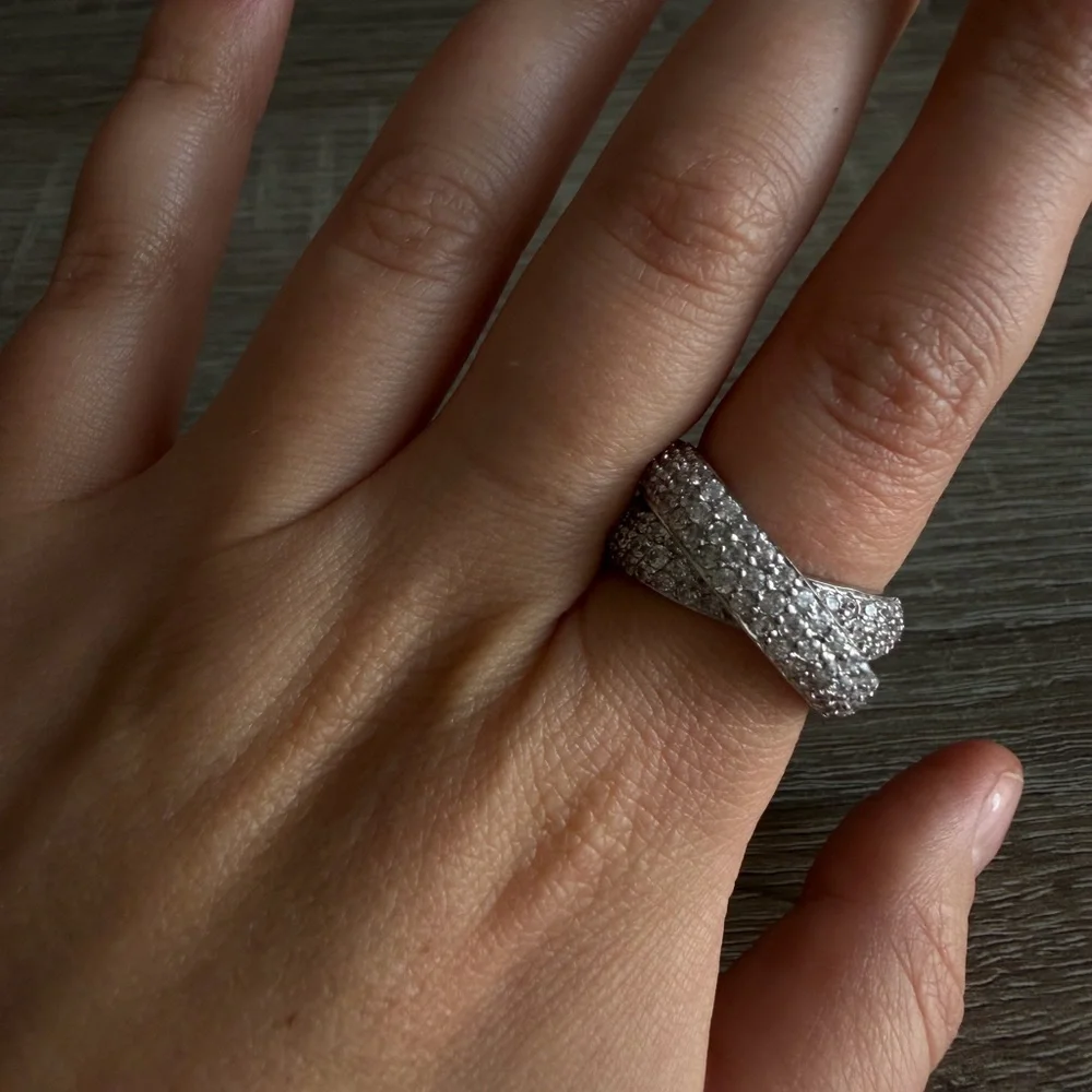 Crossover Pave Knot Double Ring Sterling Silver 925 8-8.5